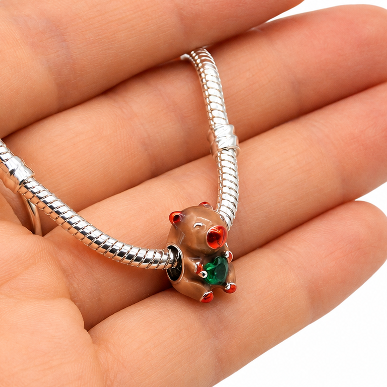 Sterling Silver Capybara Charm with Emerald Green Heart – Includes Gift Box - For Charm Bracelets