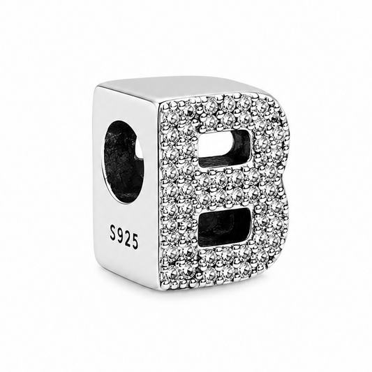 Letter B Sterling Silver Bead Charm - Fits Charm Bracelets and Necklaces.