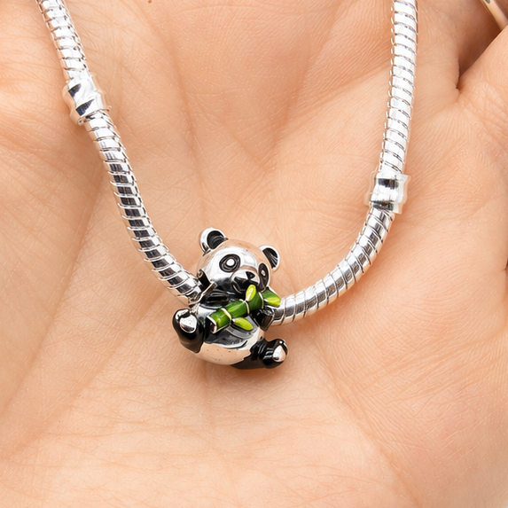 Sterling Silver Panda Charm holding Bamboo – Includes Gift Box - For Charm Bracelets