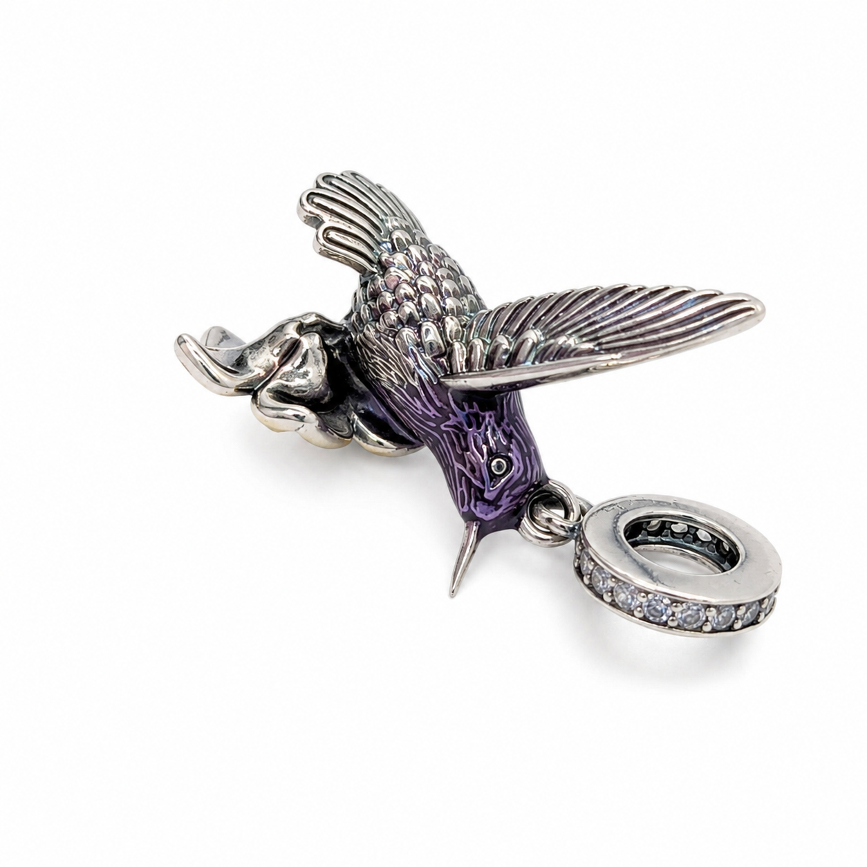 Sterling Silver Hummingbird Dangle Charm - With Gift Box - For Bracelets and Necklaces