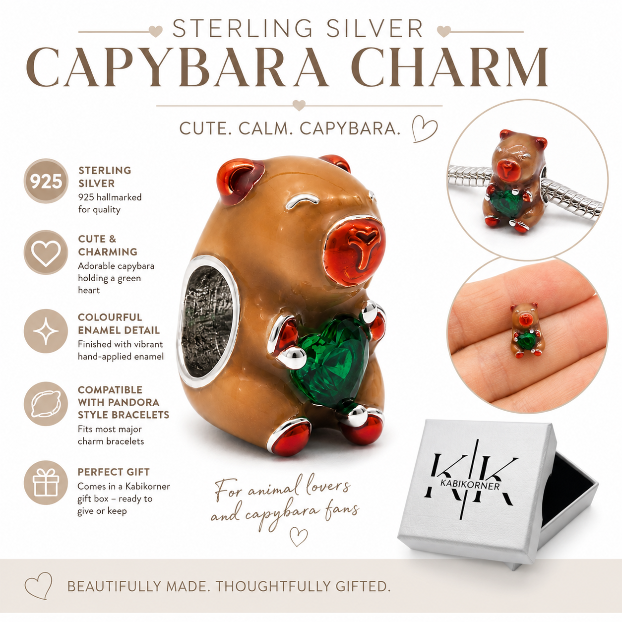 Sterling Silver Capybara Charm with Emerald Green Heart – Includes Gift Box - For Charm Bracelets