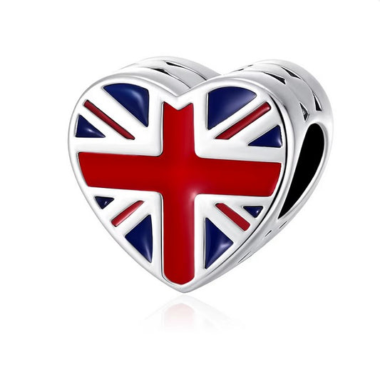 Sterling Silver Heart-Shaped Union Jack Charm – Gift Box Included - For Charm Bracelets