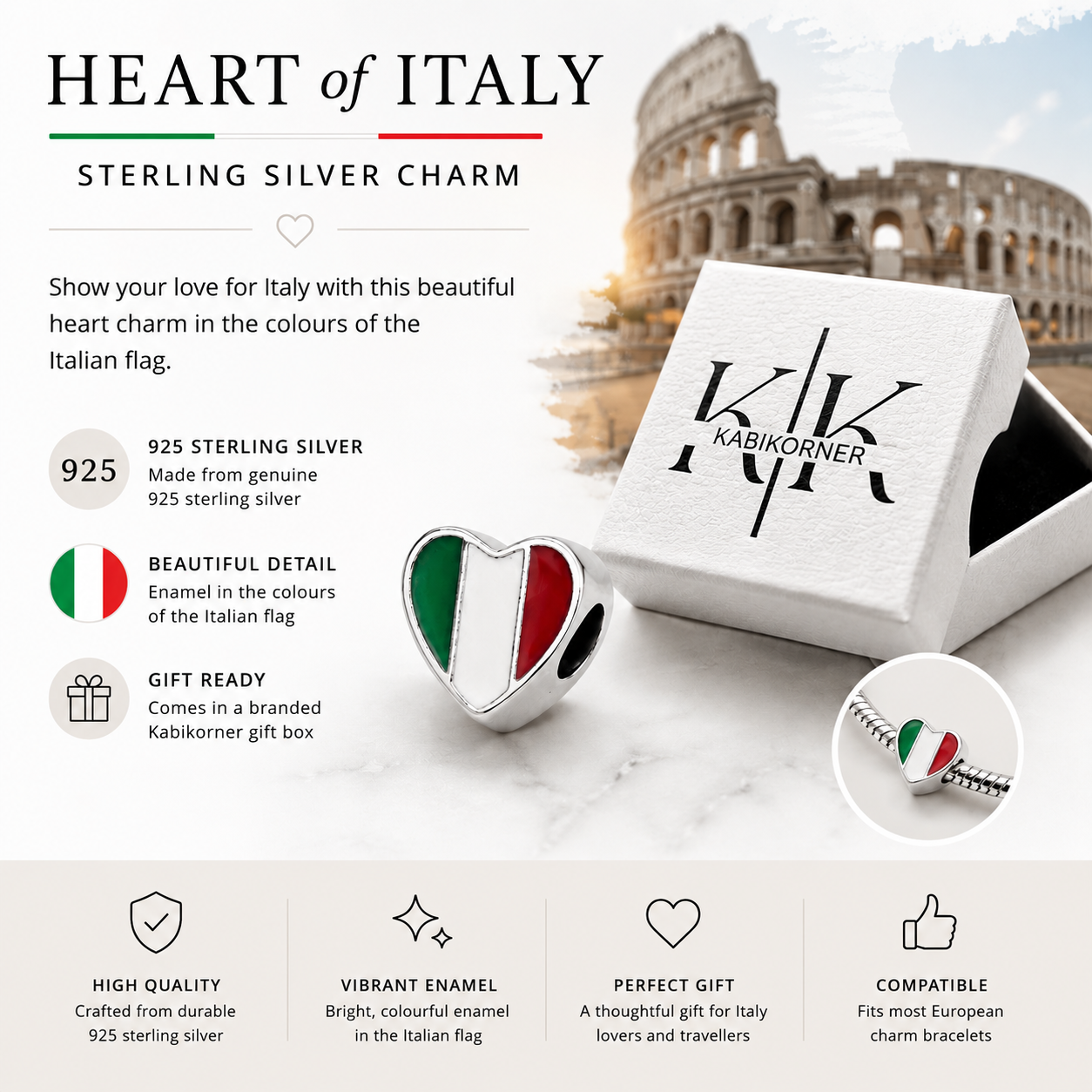Sterling Silver Heart-Shaped Italian Flag Charm – Gift Box Included - For Charm Bracelets
