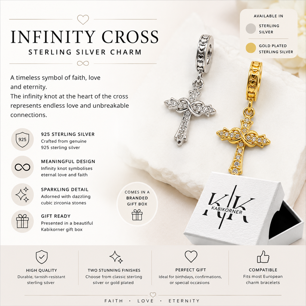 Sterling Silver Infinity Cross Charm With Gift Box - fits Charm Bracelets or a Necklace