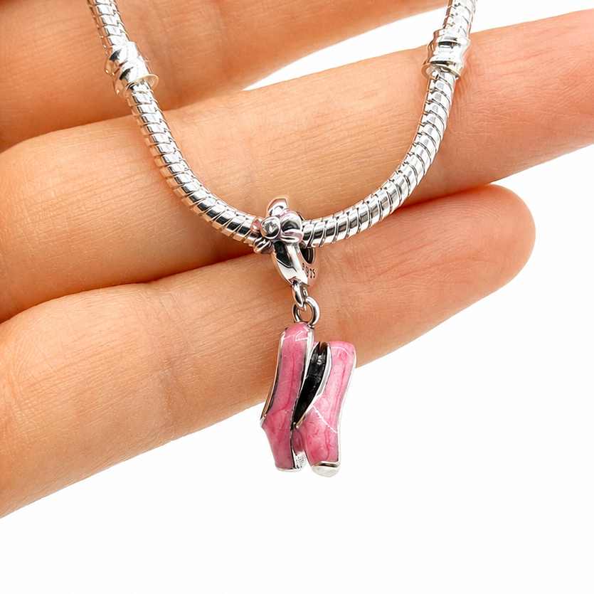 Sterling Silver Ballet Shoes Charm with Gift Box. For Charm Bracelets or Necklaces