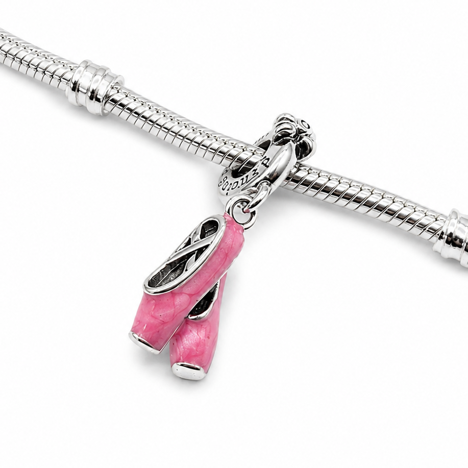 Sterling Silver Ballet Shoes Charm with Gift Box. For Charm Bracelets or Necklaces
