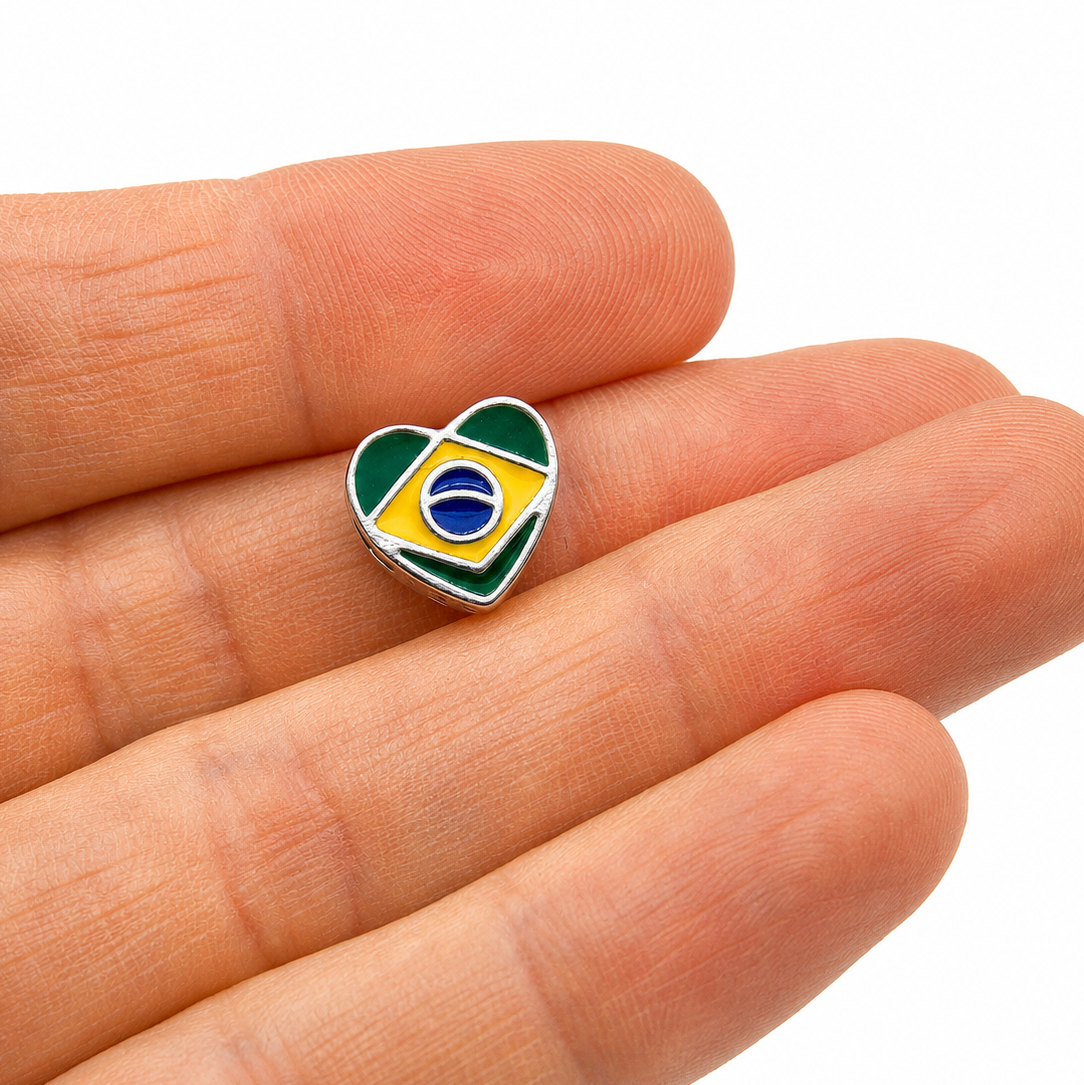 Sterling Silver Heart-Shaped Brazil Charm – Brazilian Flag – Gift Box Included