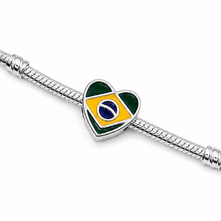 Sterling Silver Heart-Shaped Brazil Charm – Brazilian Flag – Gift Box Included
