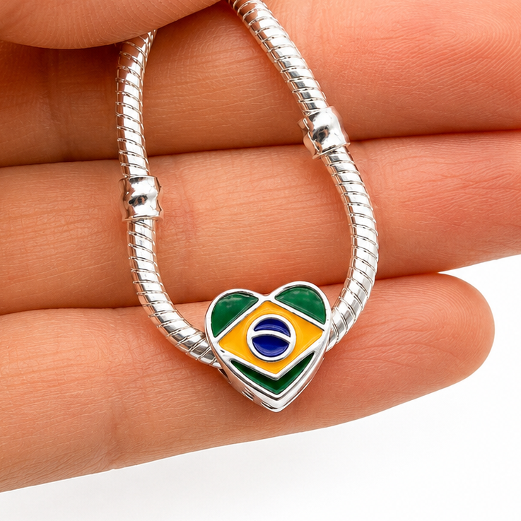 Sterling Silver Heart-Shaped Brazil Charm – Brazilian Flag – Gift Box Included