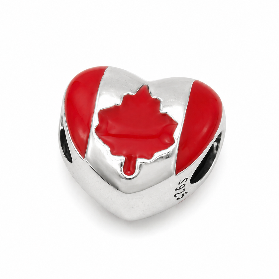 Sterling Silver Heart-Shaped Canada Charm – Canadian Flag – Gift Box Included