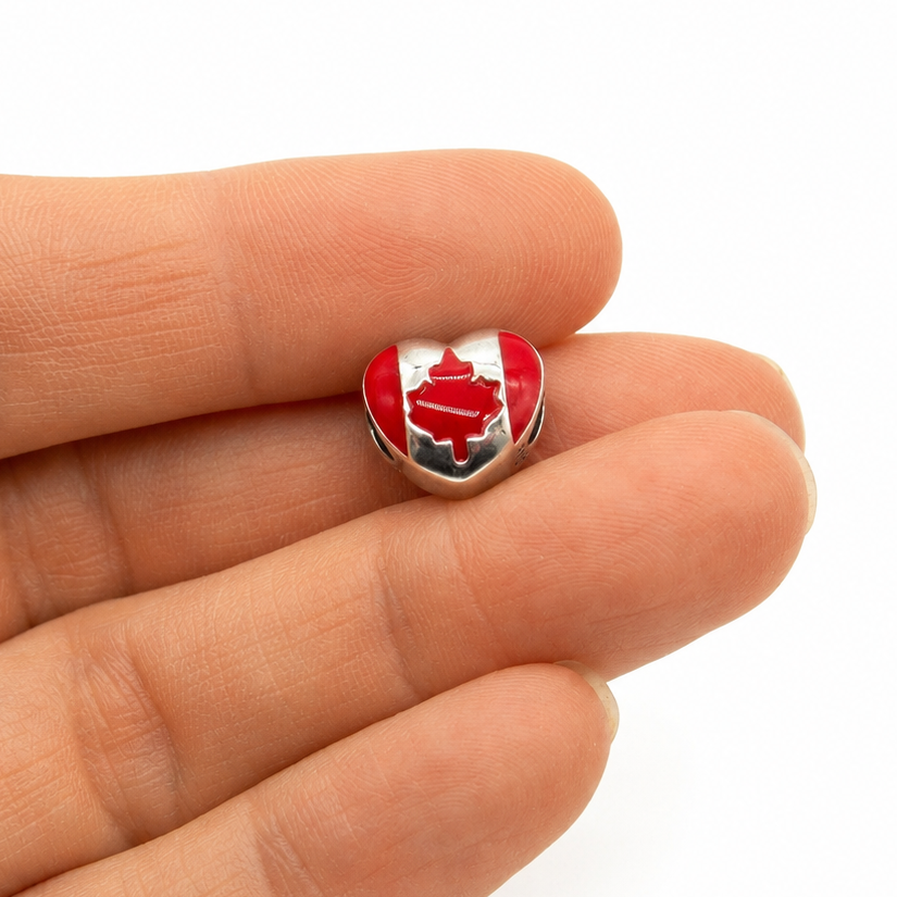 Sterling Silver Heart-Shaped Canada Charm – Canadian Flag – Gift Box Included