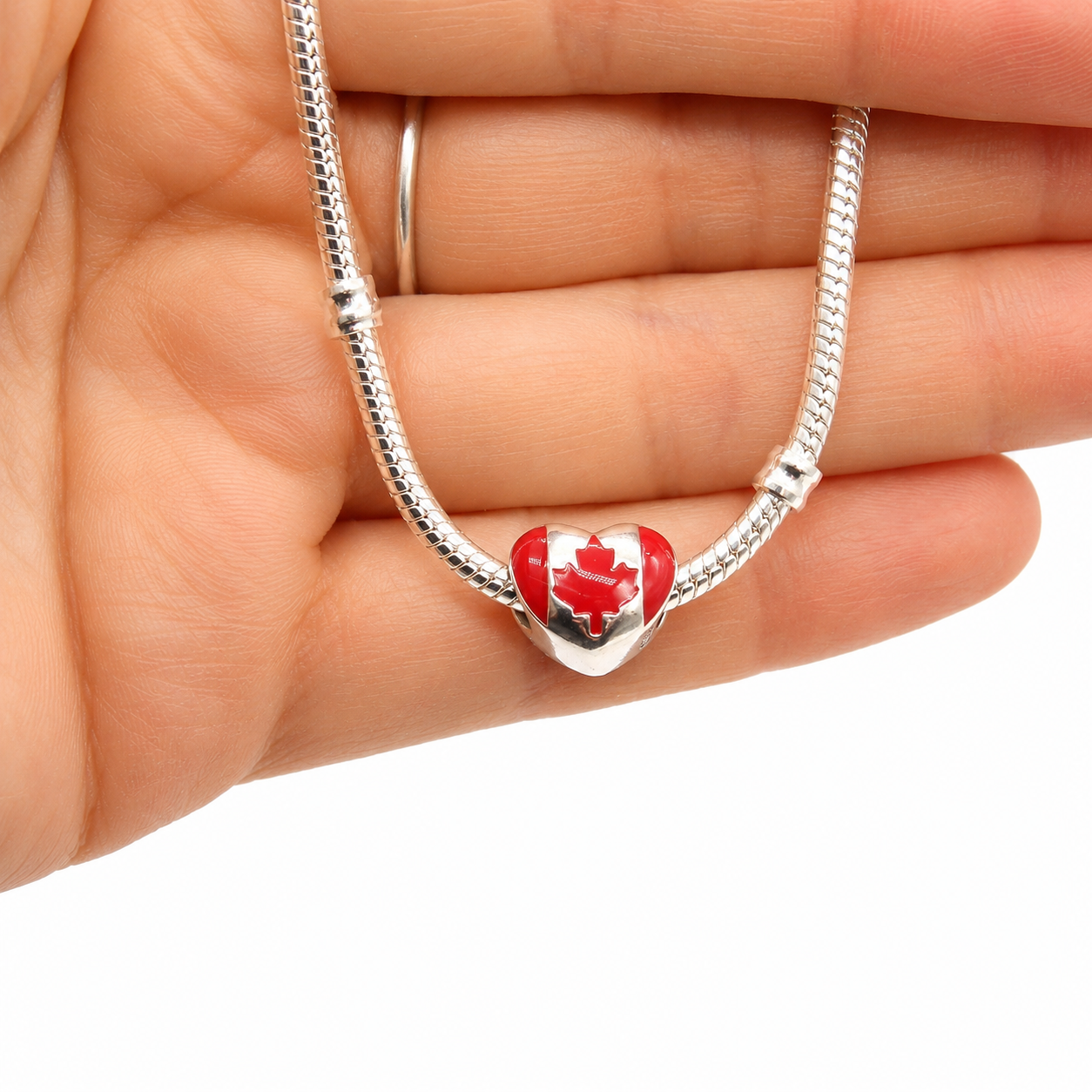 Sterling Silver Heart-Shaped Canada Charm – Canadian Flag – Gift Box Included