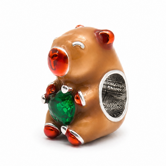 Sterling Silver Capybara Charm with Emerald Green Heart – Includes Gift Box - For Charm Bracelets