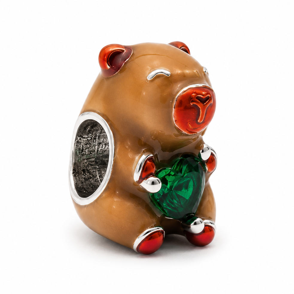 Sterling Silver Capybara Charm with Emerald Green Heart – Includes Gift Box - For Charm Bracelets