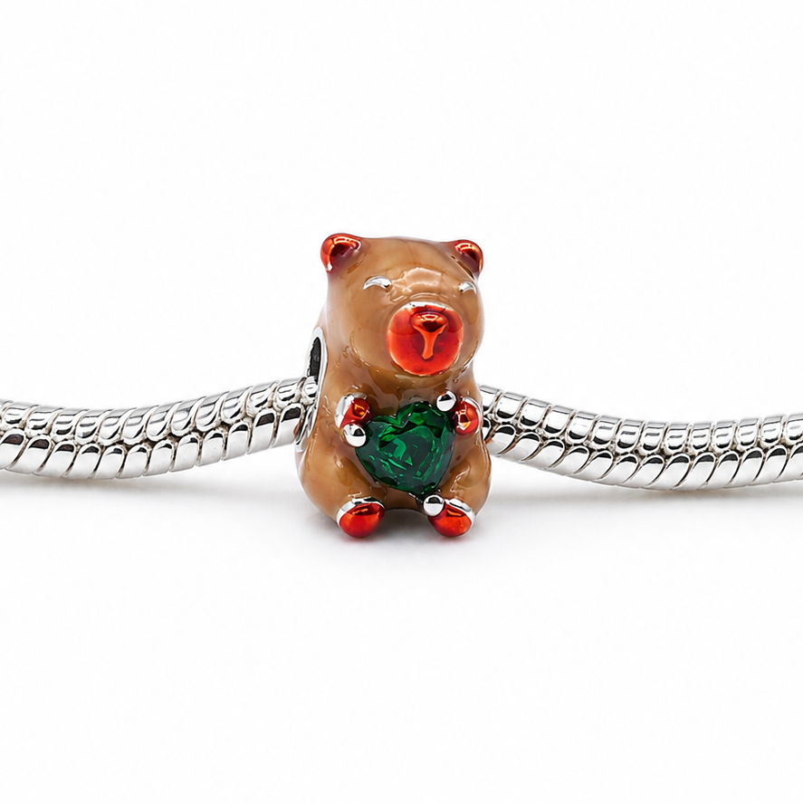 Sterling Silver Capybara Charm with Emerald Green Heart – Includes Gift Box - For Charm Bracelets