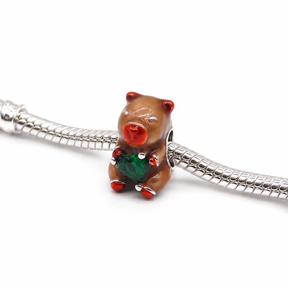 Sterling Silver Capybara Charm with Emerald Green Heart – Includes Gift Box - For Charm Bracelets