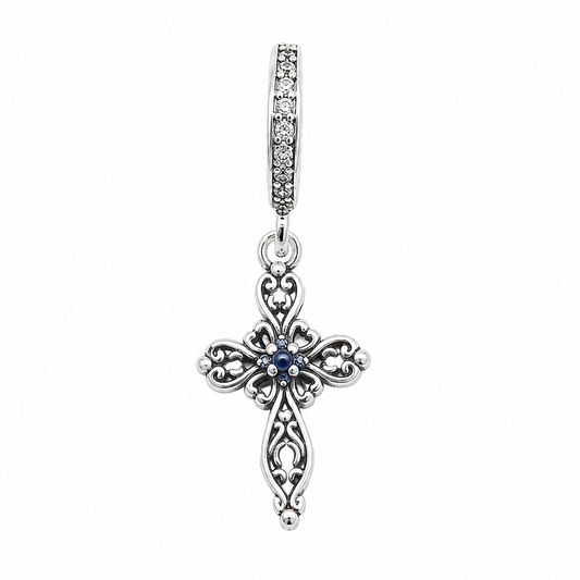 Sterling Silver Filigree Cross Charm With Gift Box - fits Charm Bracelets or a Necklace