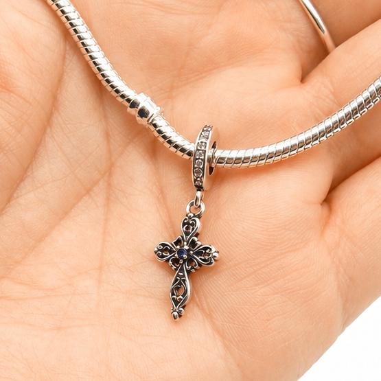 Sterling Silver Filigree Cross Charm With Gift Box - fits Charm Bracelets or a Necklace