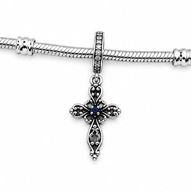 Sterling Silver Filigree Cross Charm With Gift Box - fits Charm Bracelets or a Necklace