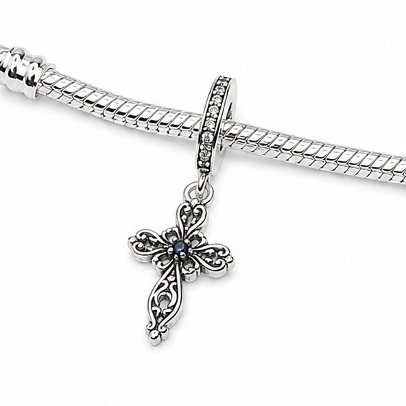 Sterling Silver Filigree Cross Charm With Gift Box - fits Charm Bracelets or a Necklace