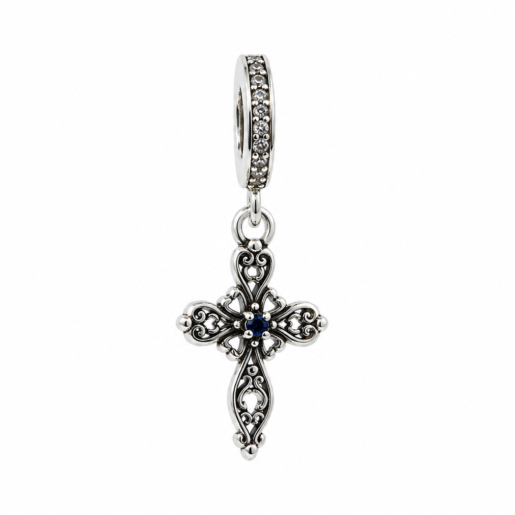 Sterling Silver Filigree Cross Charm With Gift Box - fits Charm Bracelets or a Necklace