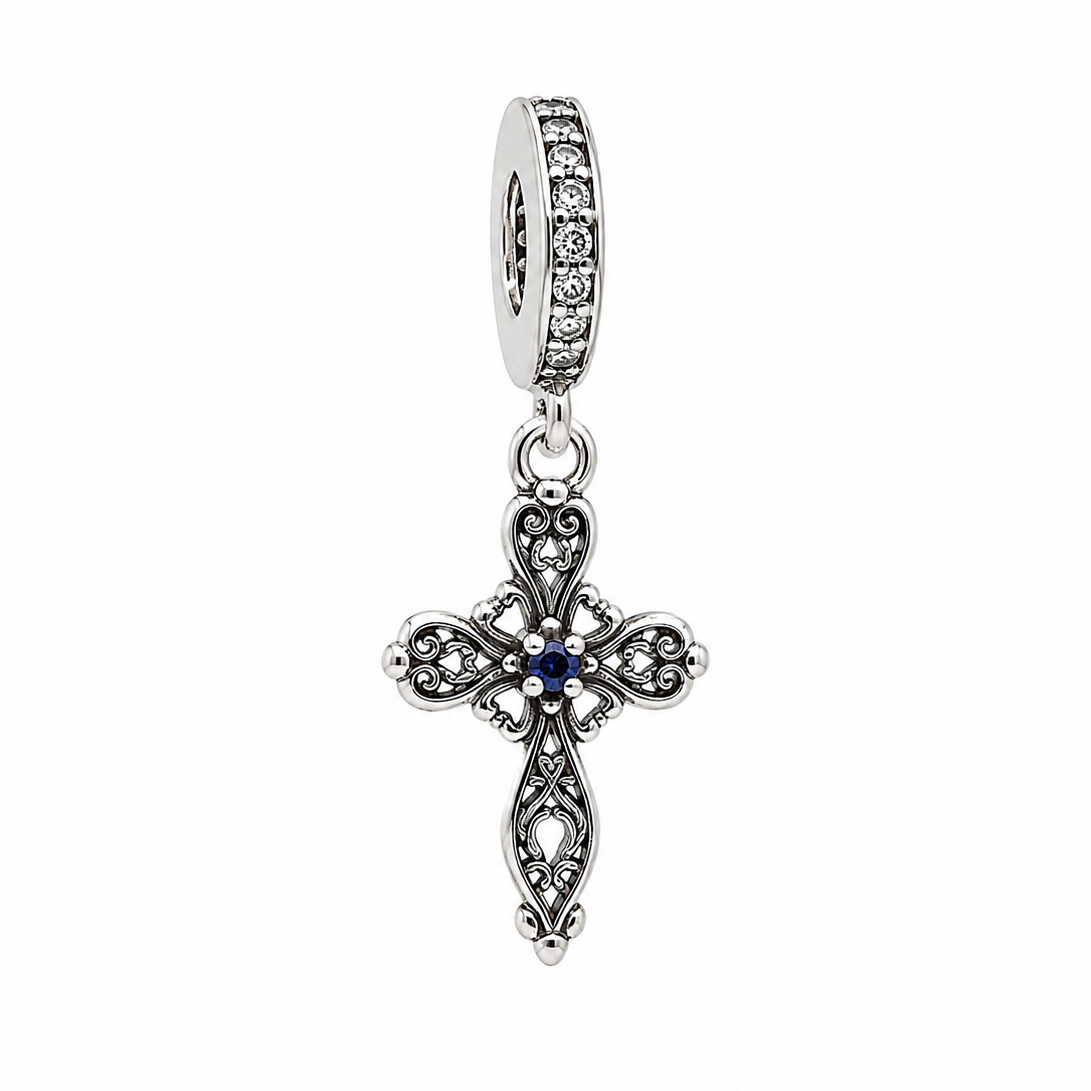 Sterling Silver Filigree Cross Charm With Gift Box - fits Charm Bracelets or a Necklace