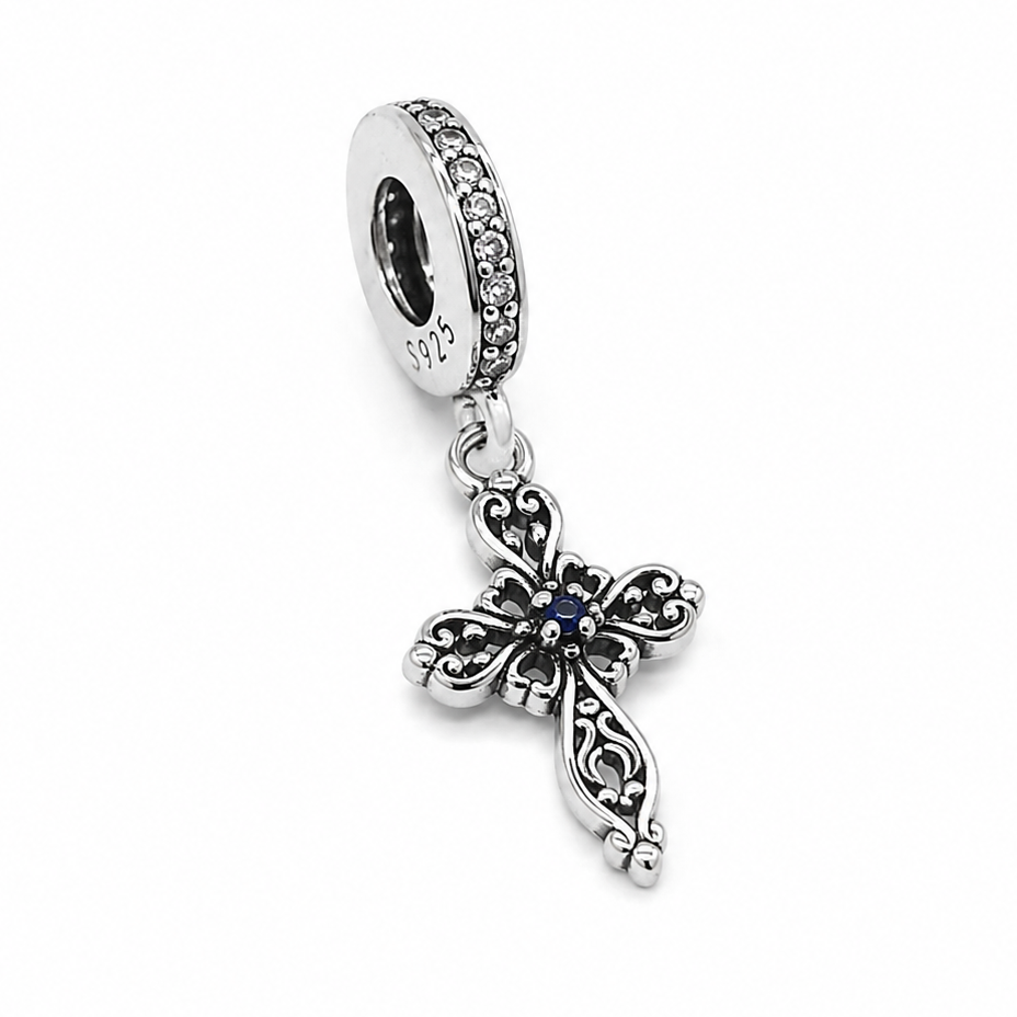Sterling Silver Filigree Cross Charm With Gift Box - fits Charm Bracelets or a Necklace