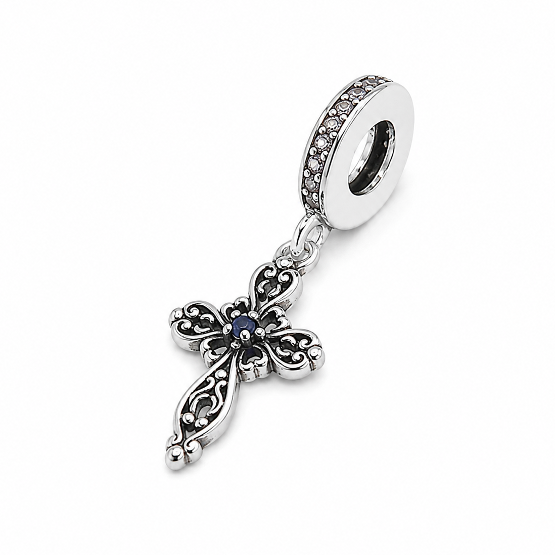 Sterling Silver Filigree Cross Charm With Gift Box - fits Charm Bracelets or a Necklace
