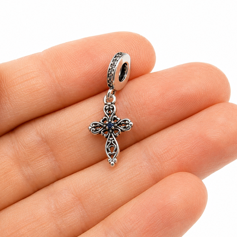 Sterling Silver Filigree Cross Charm With Gift Box - fits Charm Bracelets or a Necklace
