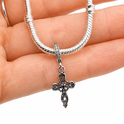 Sterling Silver Filigree Cross Charm With Gift Box - fits Charm Bracelets or a Necklace