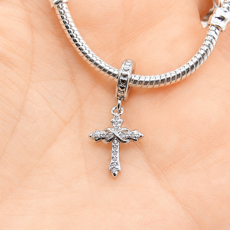 Sterling Silver Infinity Cross Charm With Gift Box - fits Charm Bracelets or a Necklace