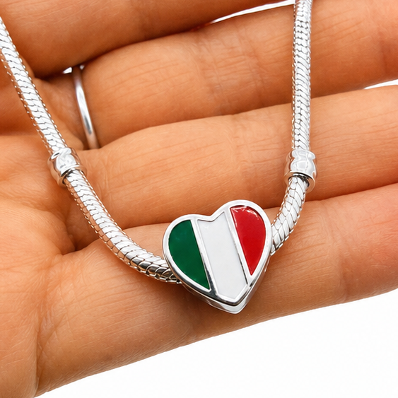 Sterling Silver Heart-Shaped Italian Flag Charm – Gift Box Included - For Charm Bracelets