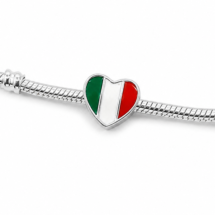 Sterling Silver Heart-Shaped Italian Flag Charm – Gift Box Included - For Charm Bracelets