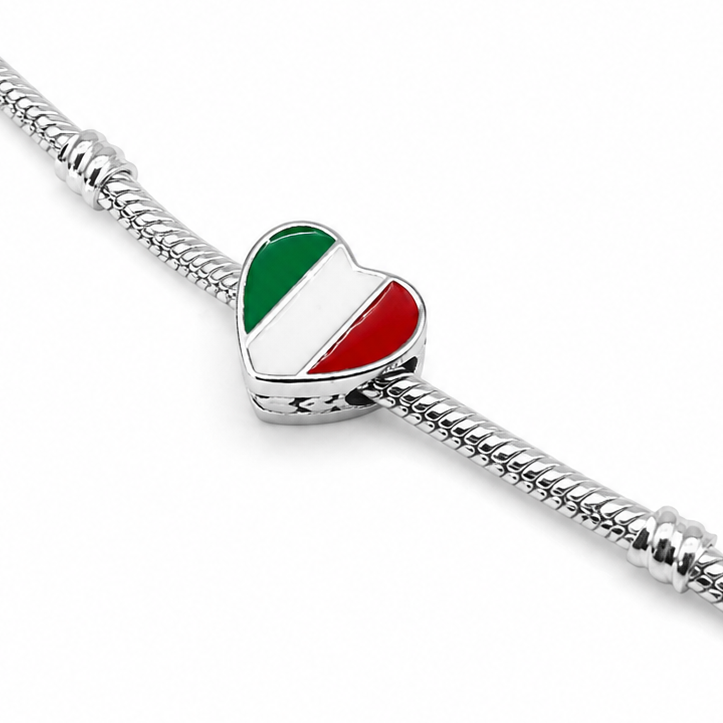 Sterling Silver Heart-Shaped Italian Flag Charm – Gift Box Included - For Charm Bracelets