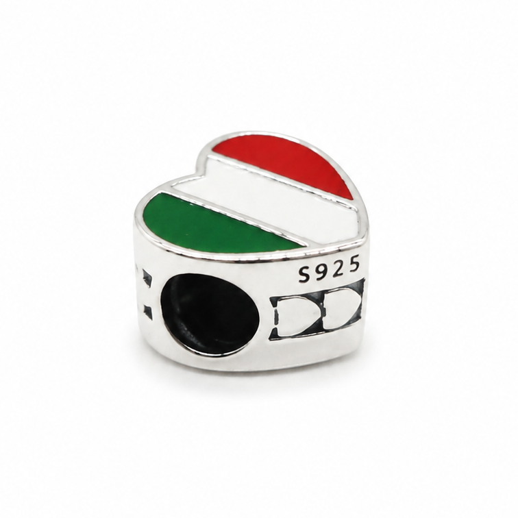 Sterling Silver Heart-Shaped Italian Flag Charm – Gift Box Included - For Charm Bracelets