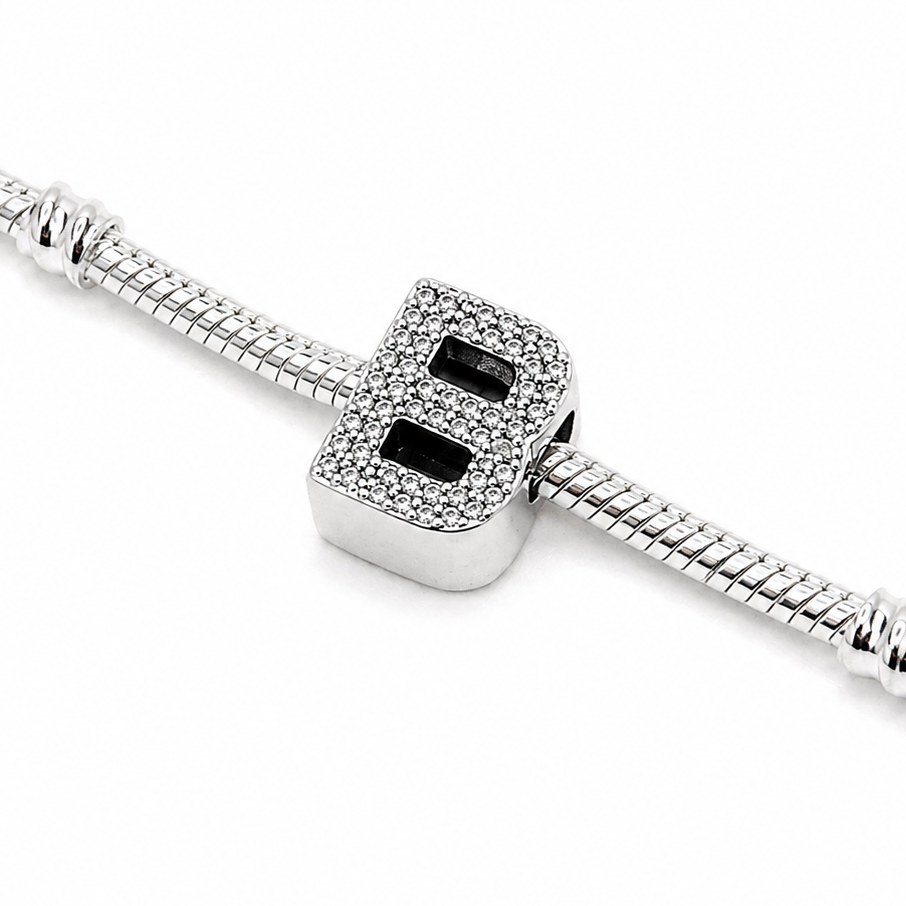 Letter B Sterling Silver Bead Charm - Fits Charm Bracelets and Necklaces.