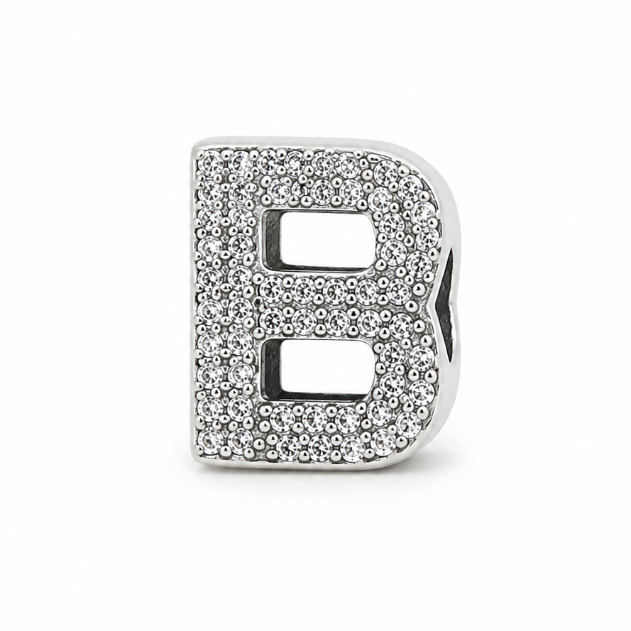 Letter B Sterling Silver Bead Charm - Fits Charm Bracelets and Necklaces.