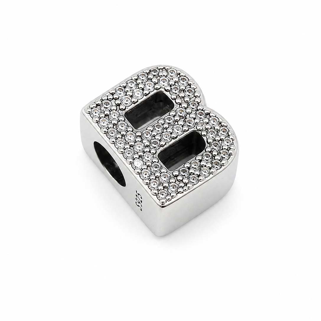 Letter B Sterling Silver Bead Charm - Fits Charm Bracelets and Necklaces.