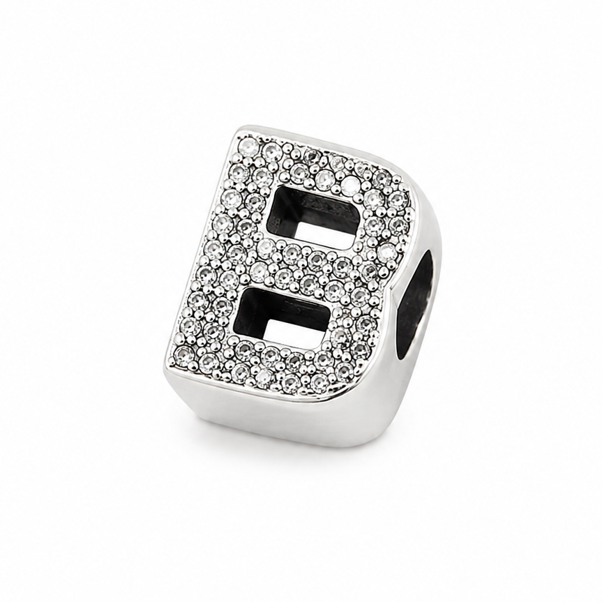 Letter B Sterling Silver Bead Charm - Fits Charm Bracelets and Necklaces.
