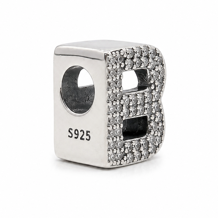 Letter B Sterling Silver Bead Charm - Fits Charm Bracelets and Necklaces.