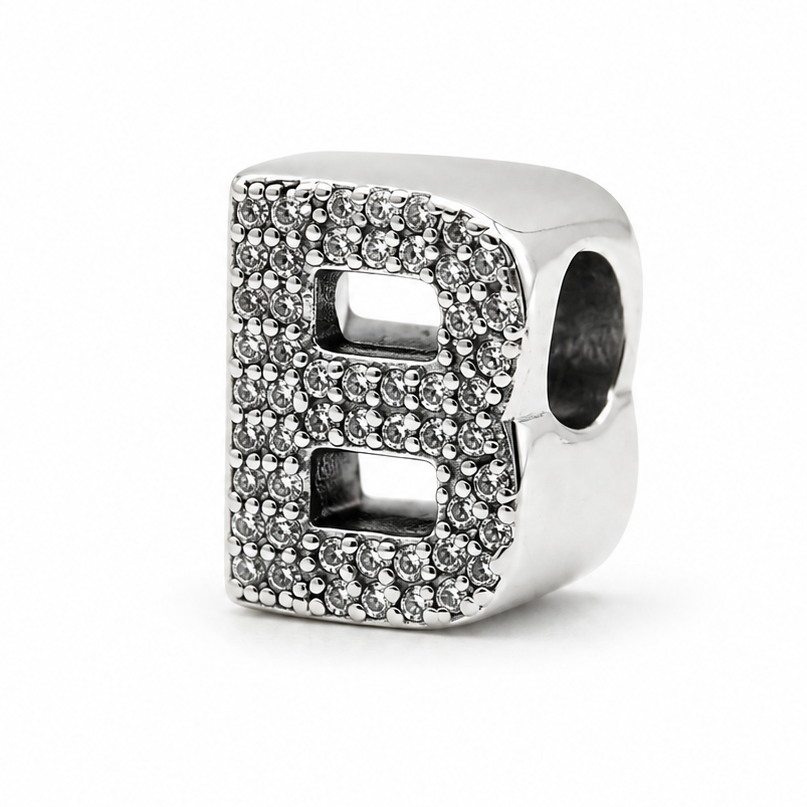 Letter B Sterling Silver Bead Charm - Fits Charm Bracelets and Necklaces.