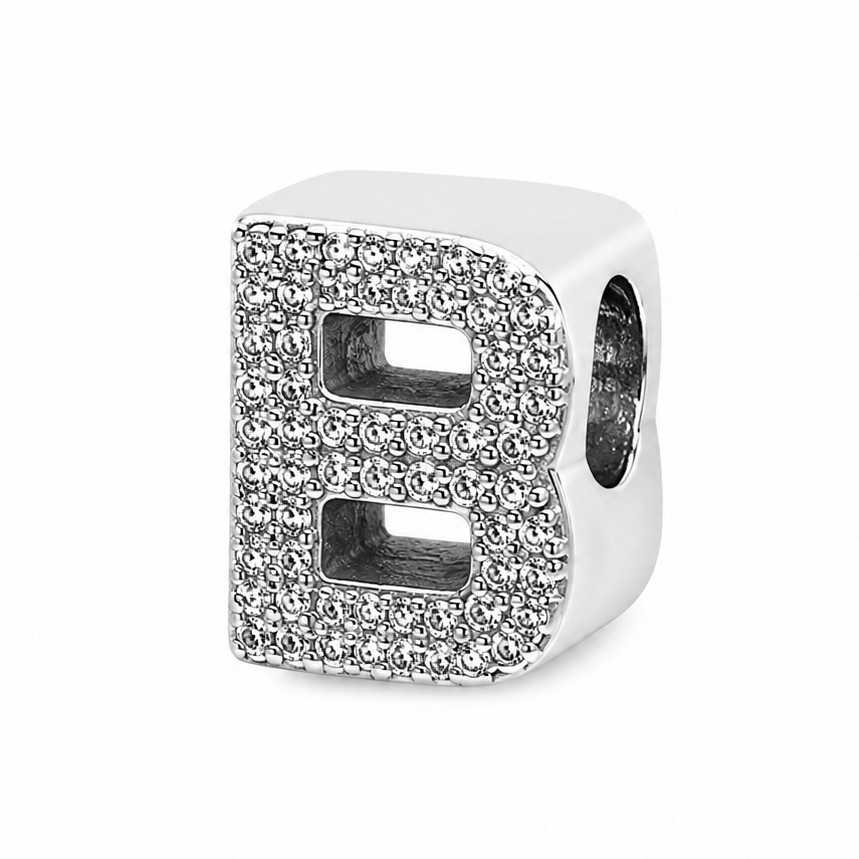 Letter B Sterling Silver Bead Charm - Fits Charm Bracelets and Necklaces.
