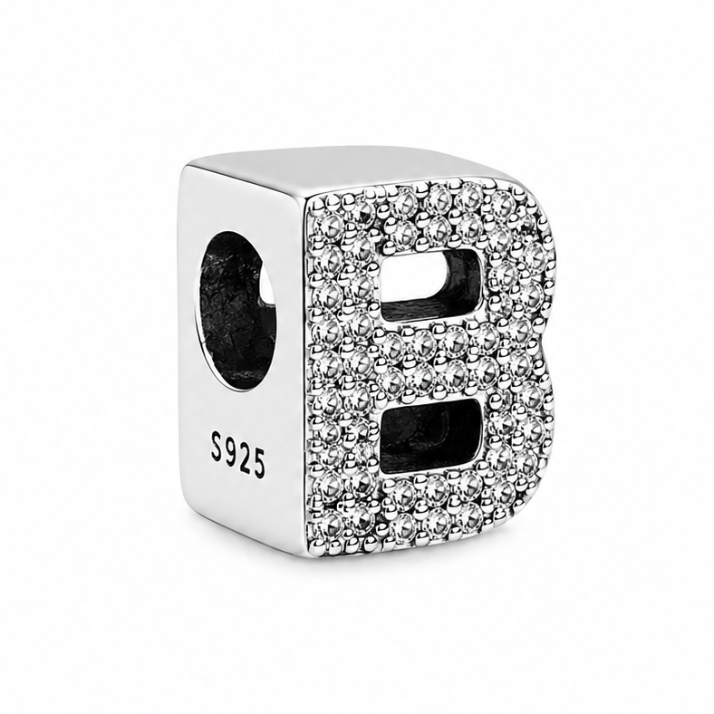 Letter B Sterling Silver Bead Charm - Fits Charm Bracelets and Necklaces.