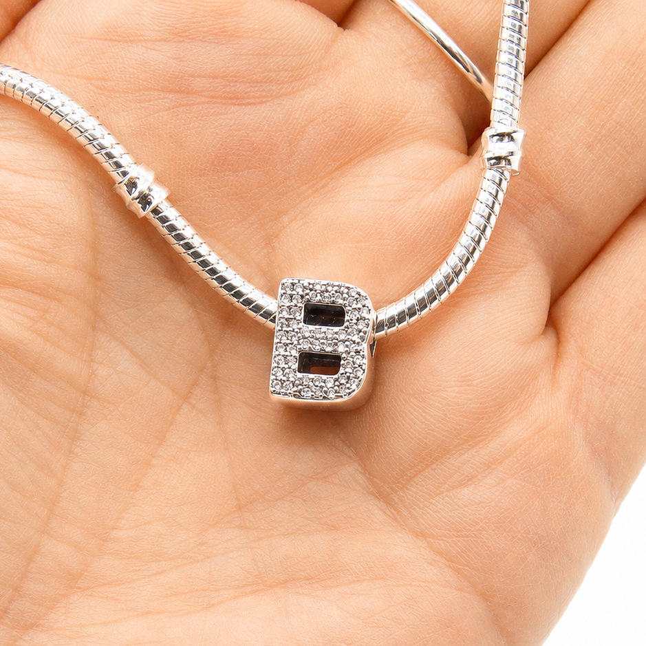 Letter B Sterling Silver Bead Charm - Fits Charm Bracelets and Necklaces.