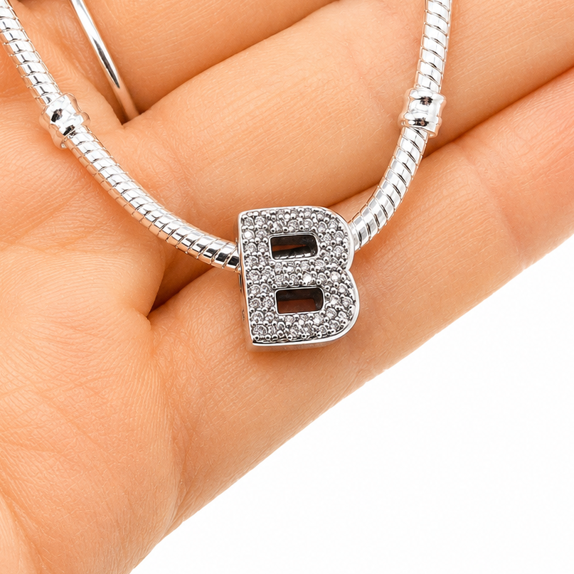 Letter B Sterling Silver Bead Charm - Fits Charm Bracelets and Necklaces.