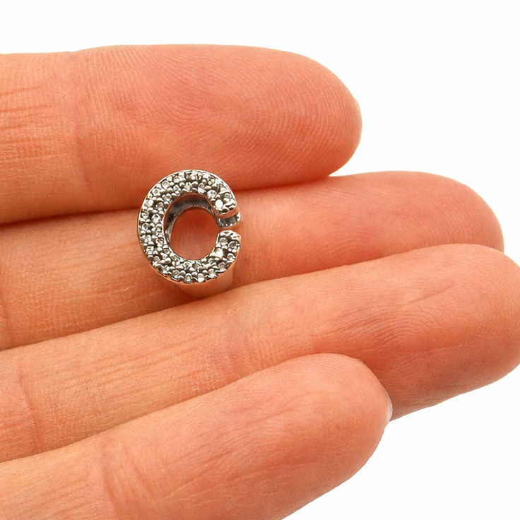 Letter C Sterling Silver Bead Charm - Fits Charm Bracelets and Necklaces.