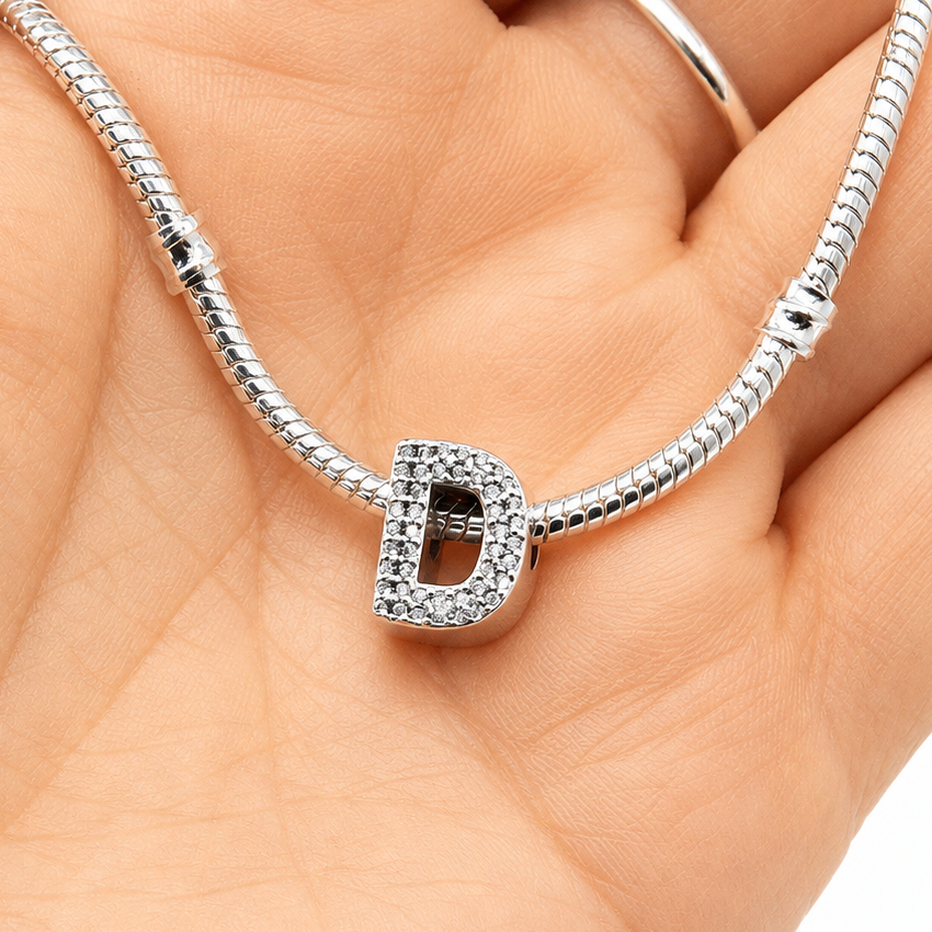 Letter D Sterling Silver Bead Charm - Fits Charm Bracelets and Necklaces.