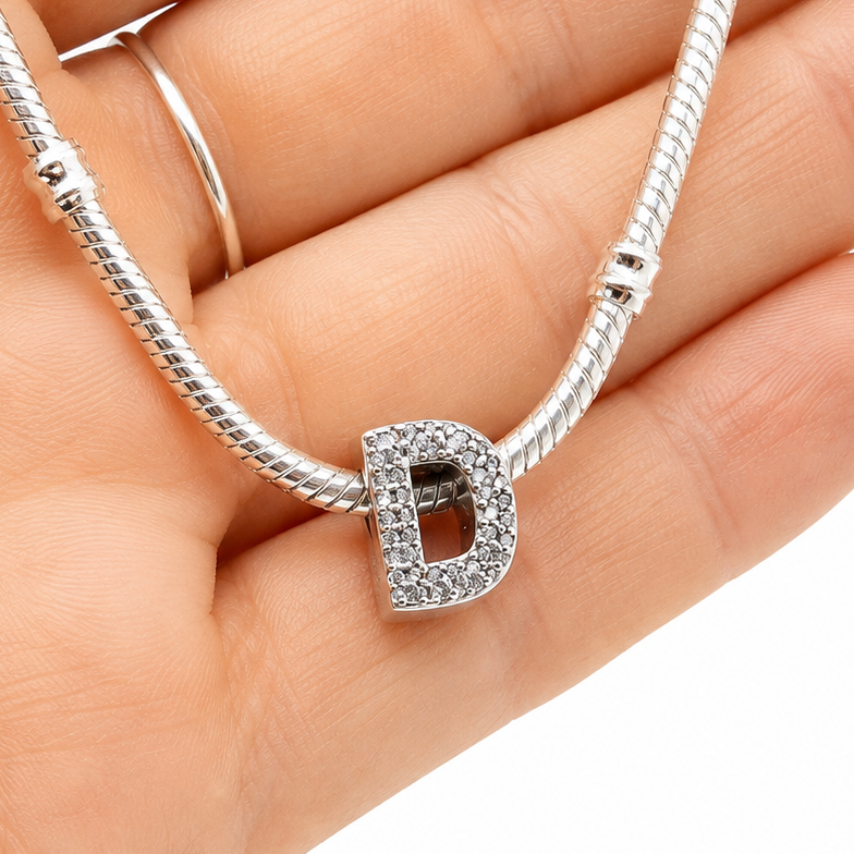 Letter D Sterling Silver Bead Charm - Fits Charm Bracelets and Necklaces.