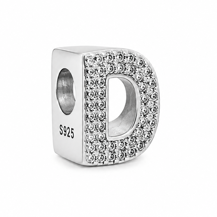 Letter D Sterling Silver Bead Charm - Fits Charm Bracelets and Necklaces.