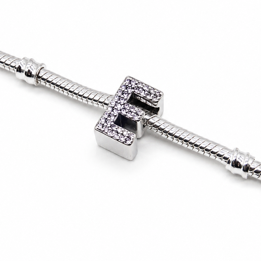 Letter E Sterling Silver Bead Charm - Fits Charm Bracelets and Necklaces.